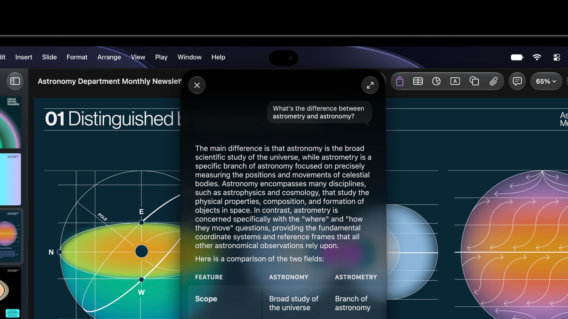 La Dynamic Island de un MacBook Pro con PROLED XDR muestra Siri AI sobre una presentación de Keynote