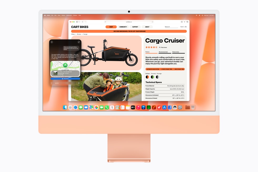 Un iMac con M6 naranja muestra una página de producto en Safari, donde el usuario le hizo una pregunta a Siri AI