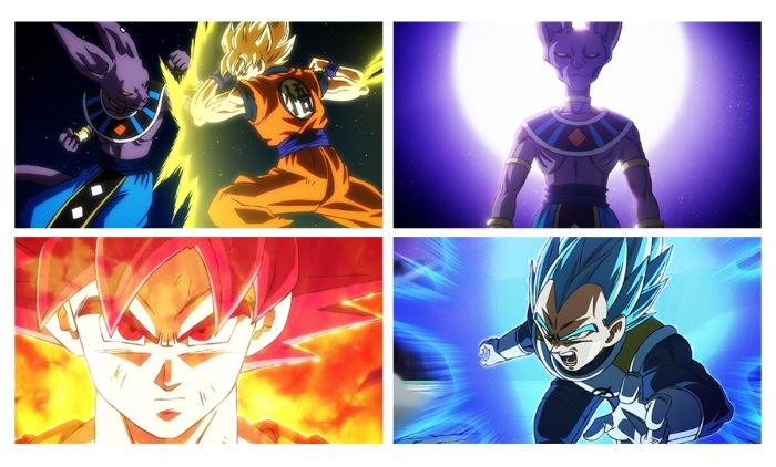 Cuatro escenas de Dragon Ball Super: Beerus: Beerus frente a Goku, Beerus envuelto en luz morada, Goku con el cabello rojo y Vegeta con el cabello azul