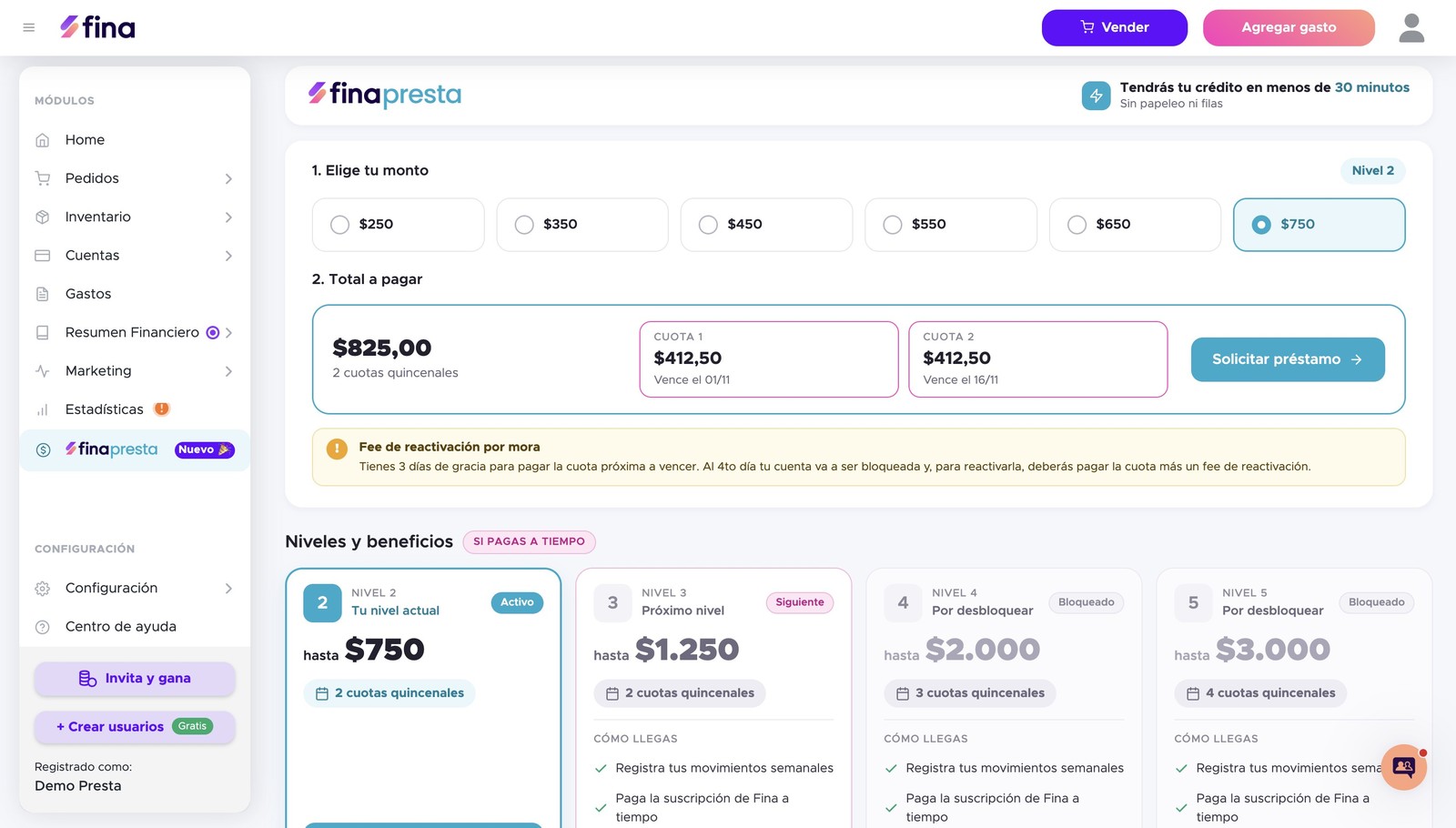 Captura de Fina Presta en una cuenta de demostración: montos de 250 a 750 dólares, un total a pagar de 825 dólares en dos cuotas quincenales y niveles de hasta 3.000 dólares