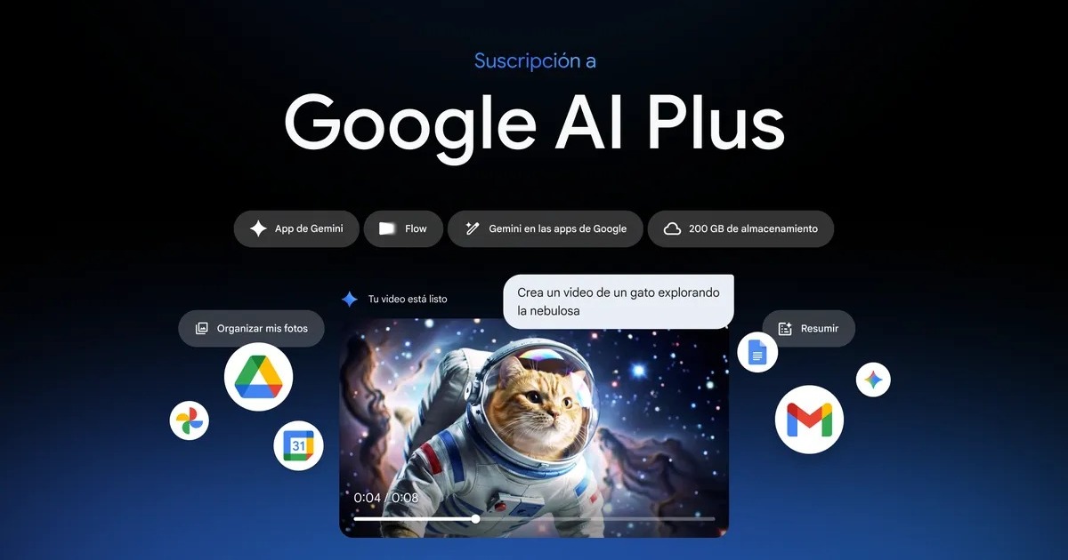Imagen promocional de Google AI Plus de 2025 con la app de Gemini, Flow y el dato anterior de 200 GB de almacenamiento