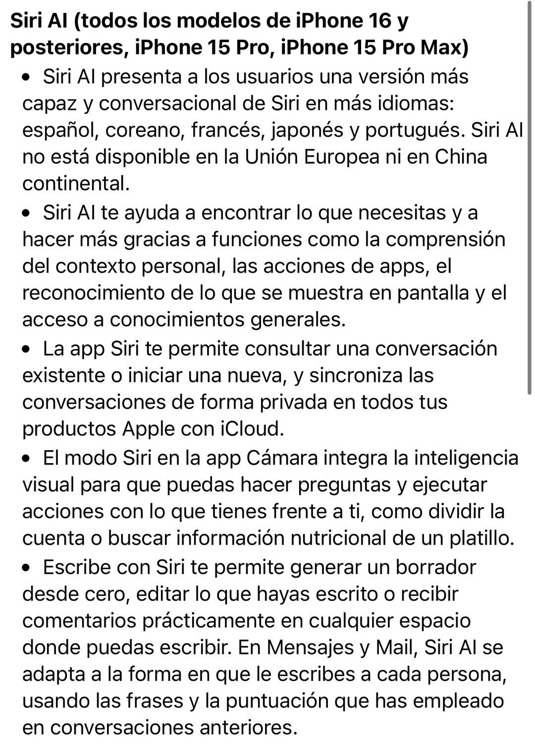 Notas de la actualización iOS 27.2 sobre Siri AI: funciona en los iPhone 16 y posteriores, iPhone 15 Pro y 15 Pro Max, y no está disponible en la Unión Europea ni en China continental