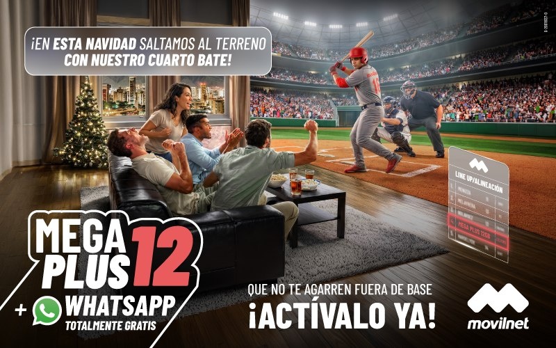 Afiche de Movilnet: Mega Plus 12 más WhatsApp totalmente gratis, con el lema Que no te agarren fuera de base, actívalo ya